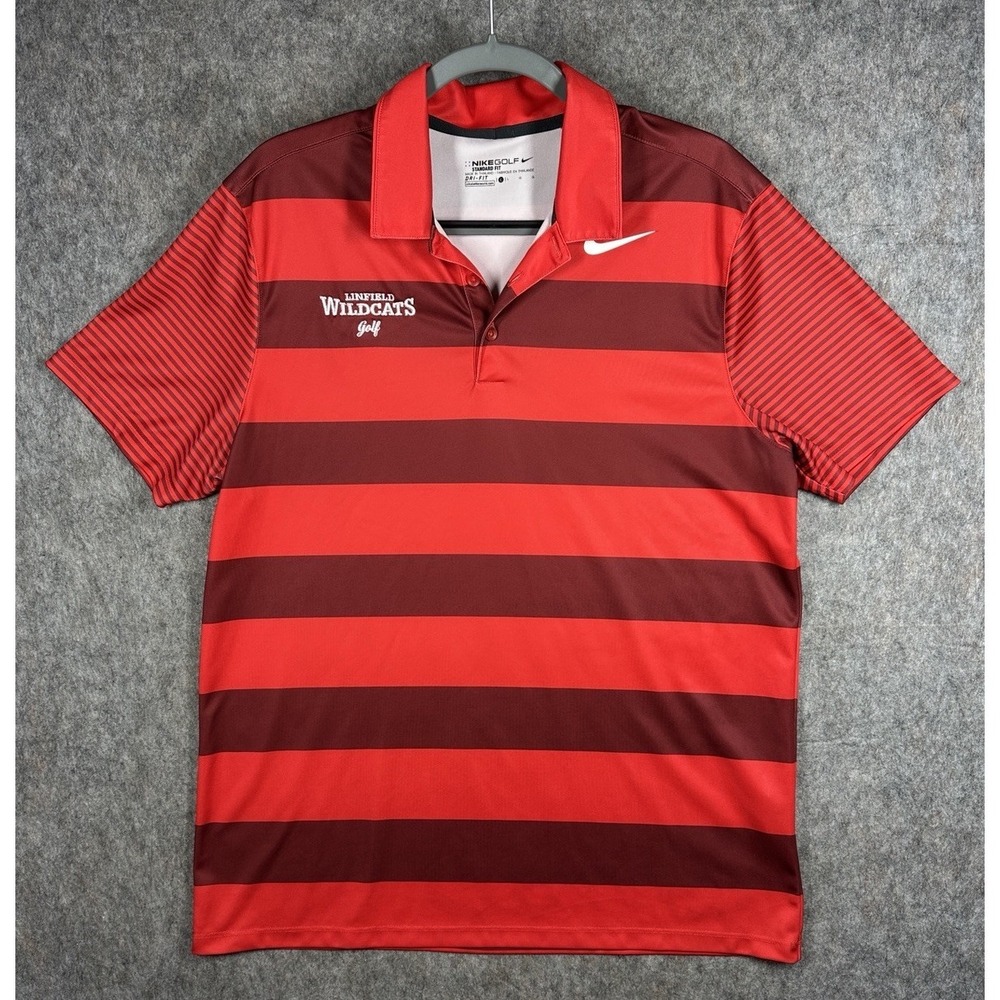 Nike Golf Polo Shirt Mens Large Red Striped Dri Fit Linfield Wildcats Golf